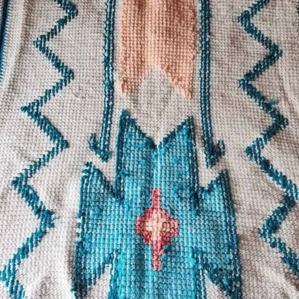 Vintage Handmade Southwestern Crochet Afghan Blanket Throw – Teal & Peach (42